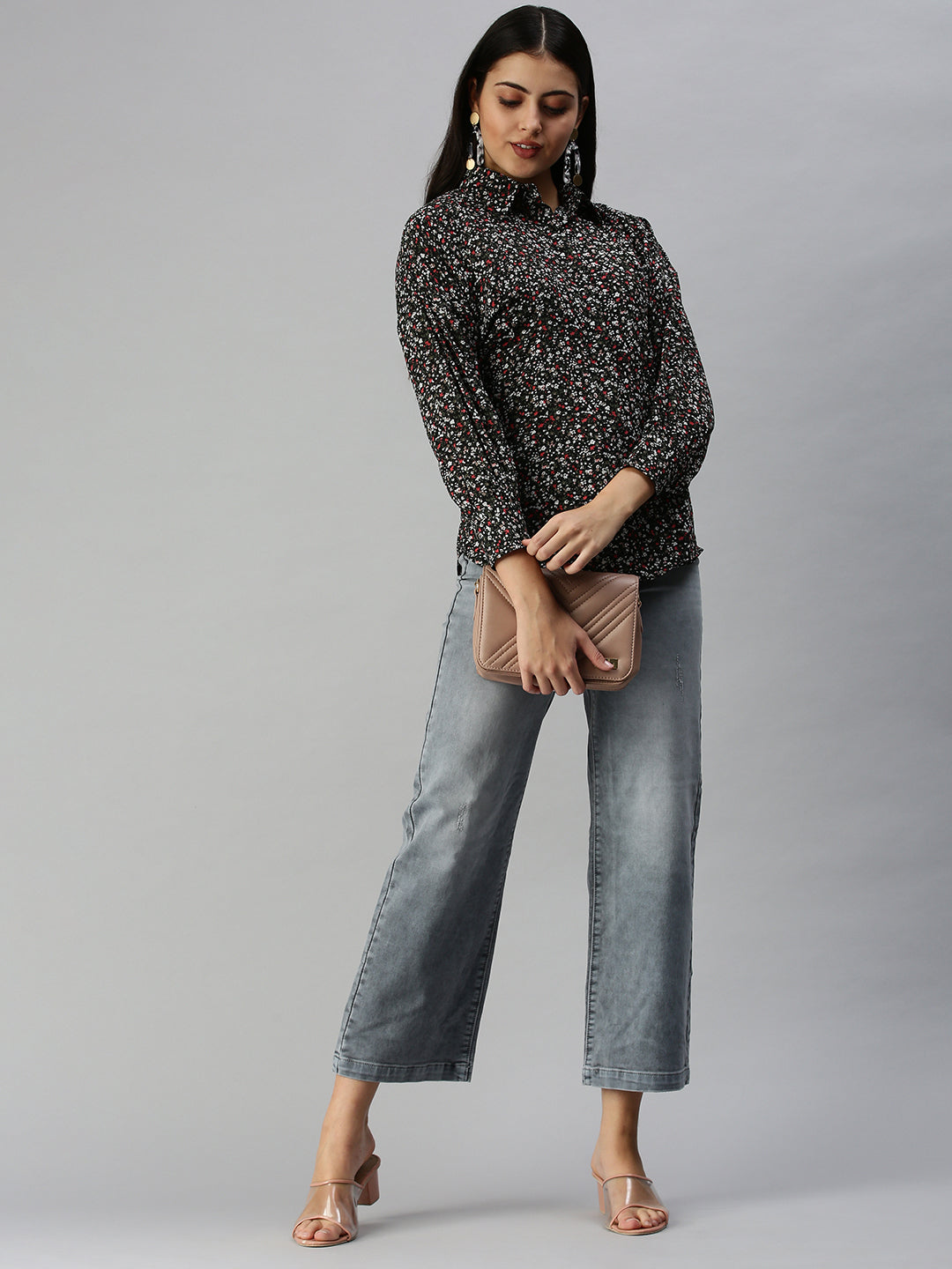 Women's Black Contemporary Slim Fit Floral Semi Sheer Printed Casual Shirt