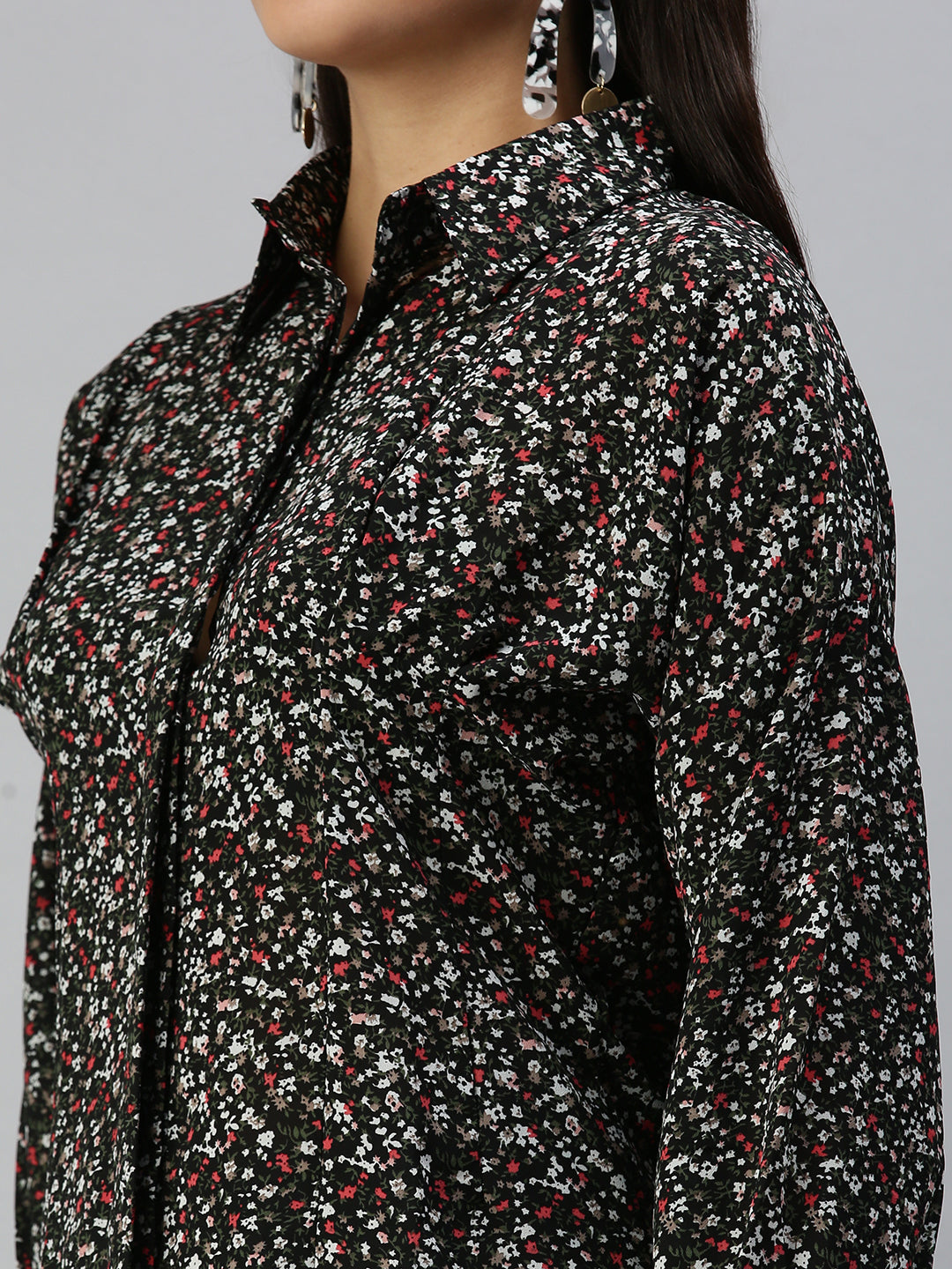 Women's Black Contemporary Slim Fit Floral Semi Sheer Printed Casual Shirt