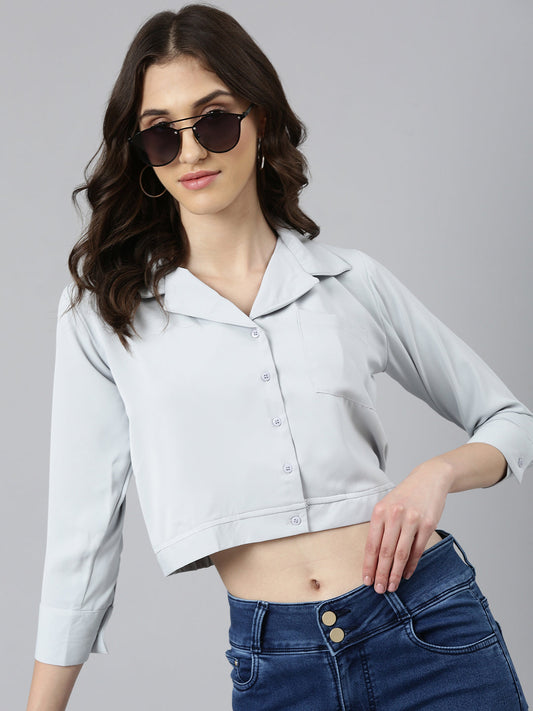Women's Grey Shirt Collar Cuffed Sleeves Pockets Shirt Style Crop Top