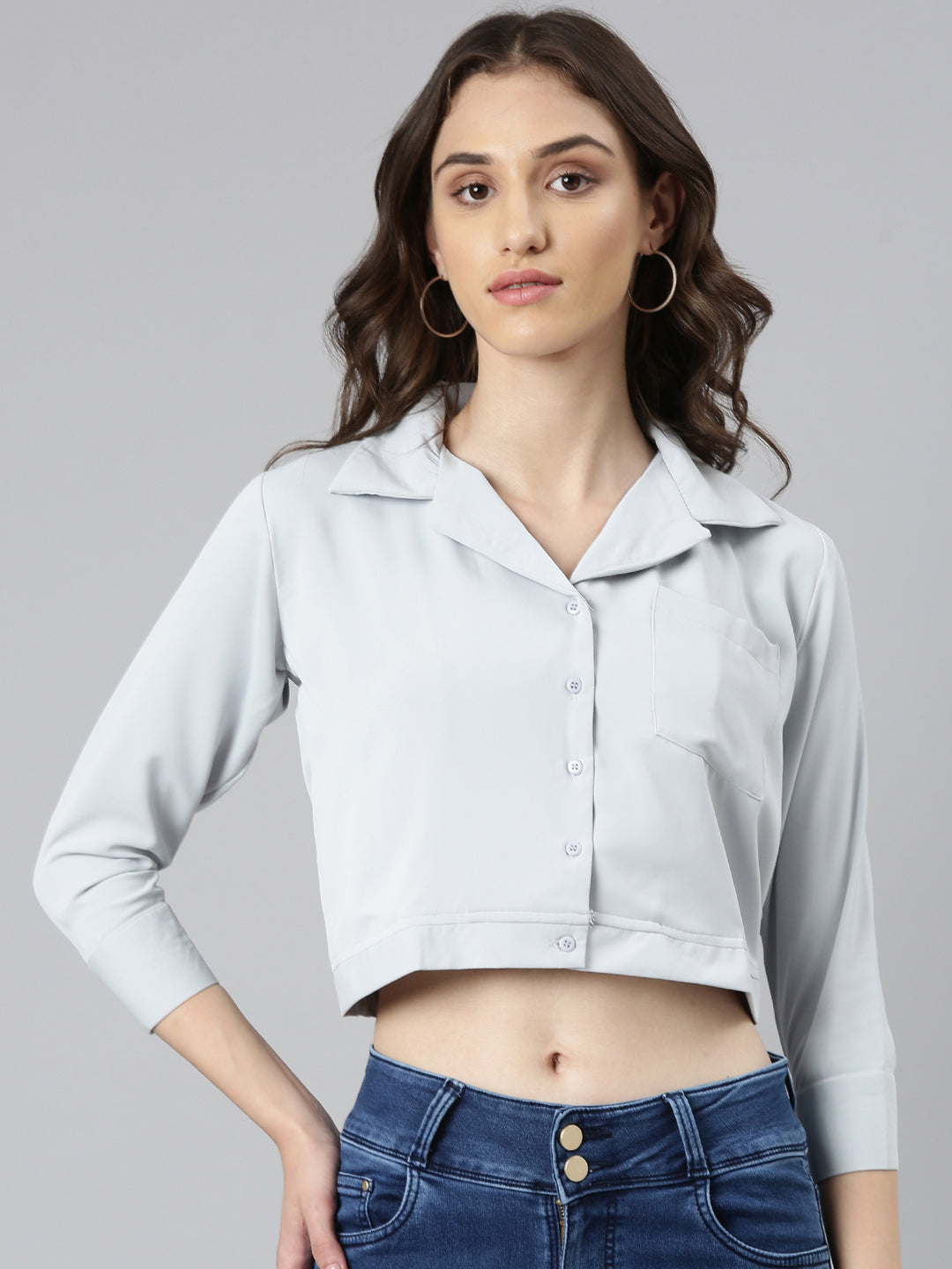 Women's Grey Shirt Collar Cuffed Sleeves Pockets Shirt Style Crop Top