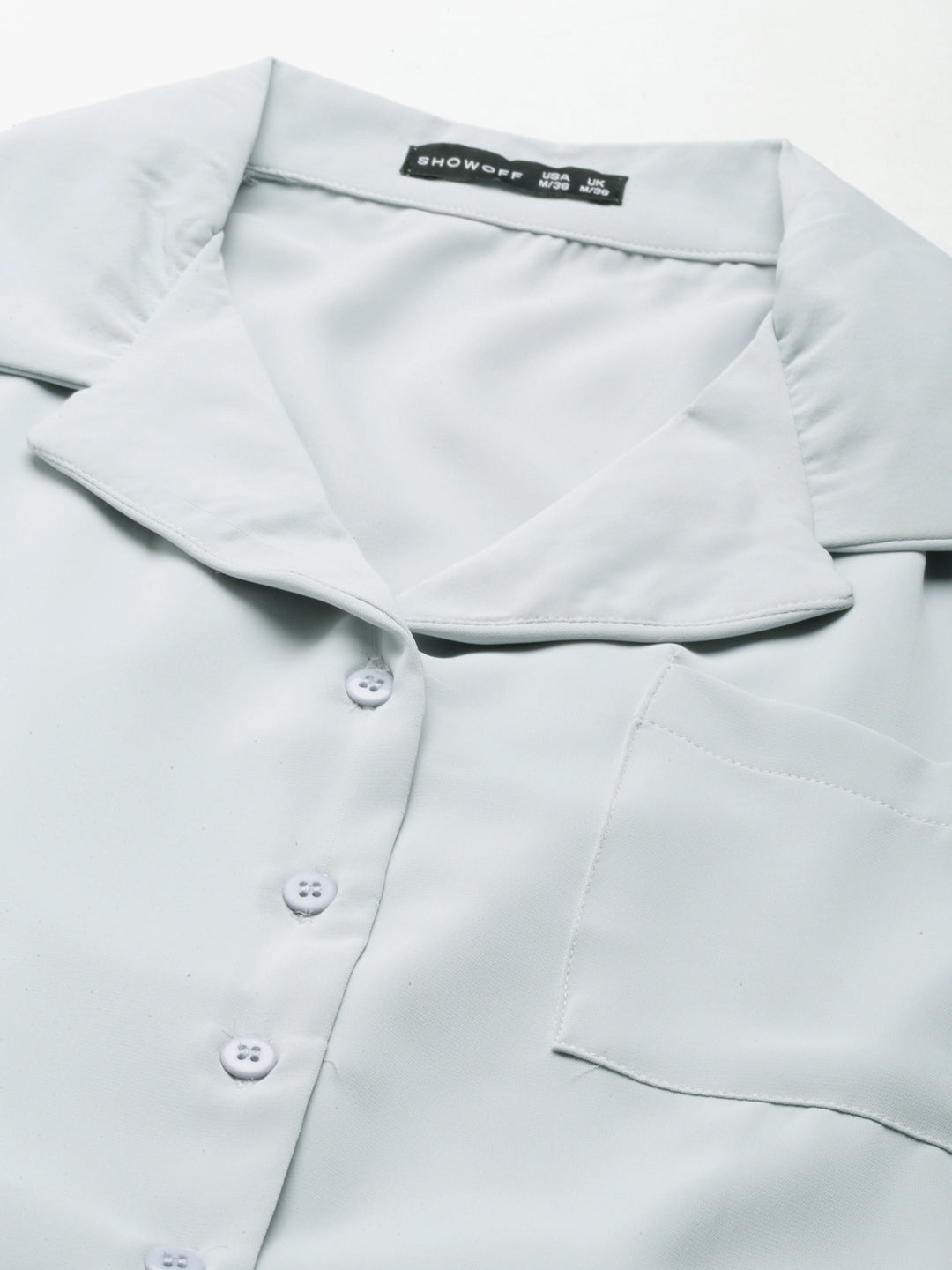 Women's Grey Shirt Collar Cuffed Sleeves Pockets Shirt Style Crop Top