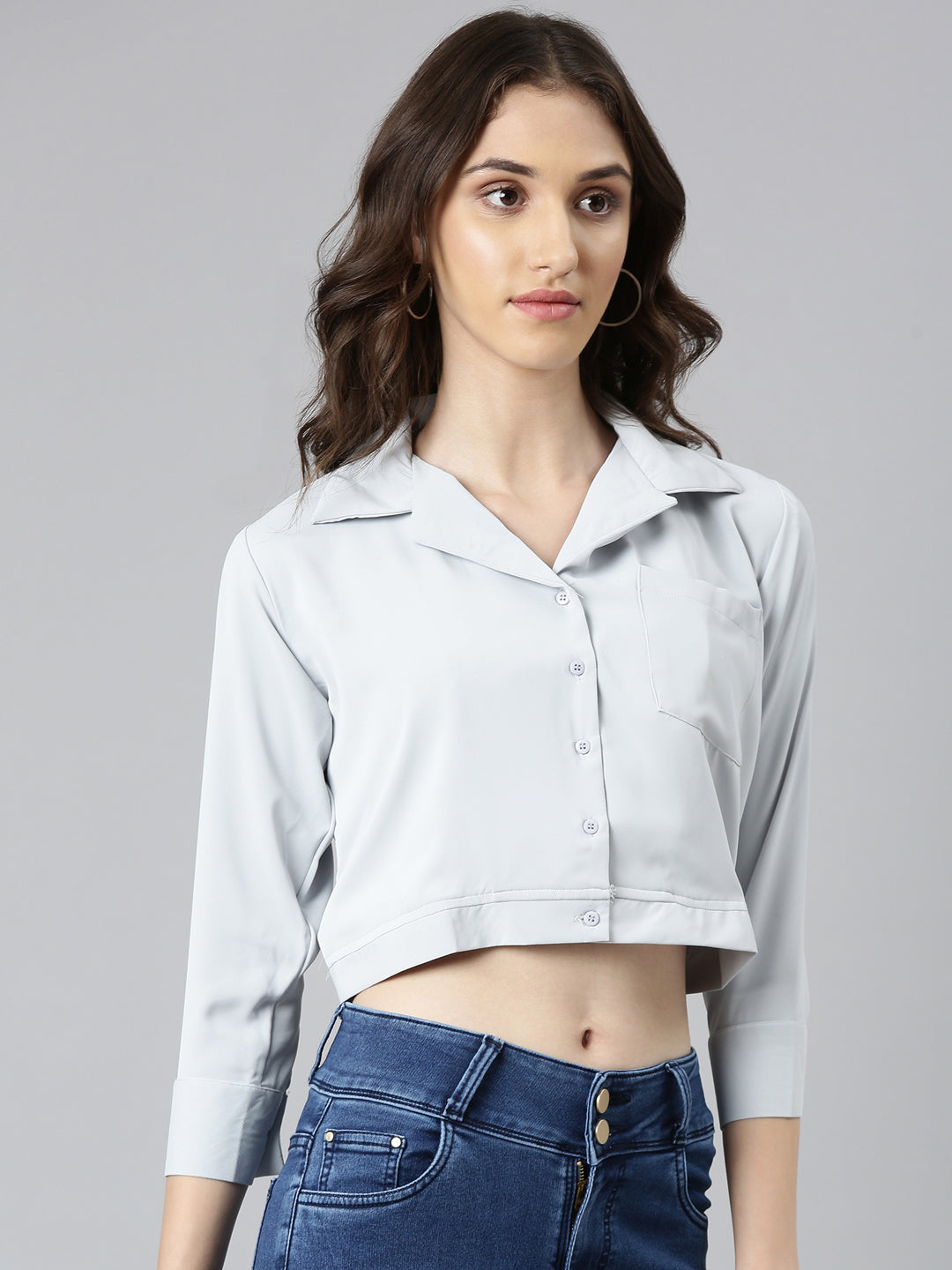 Women's Grey Shirt Collar Cuffed Sleeves Pockets Shirt Style Crop Top