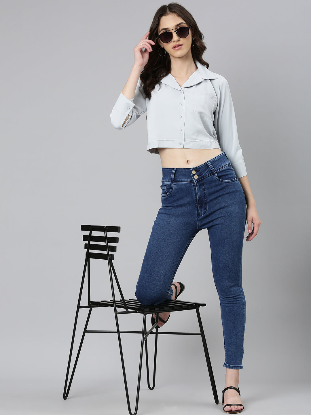 Women's Grey Shirt Collar Cuffed Sleeves Pockets Shirt Style Crop Top