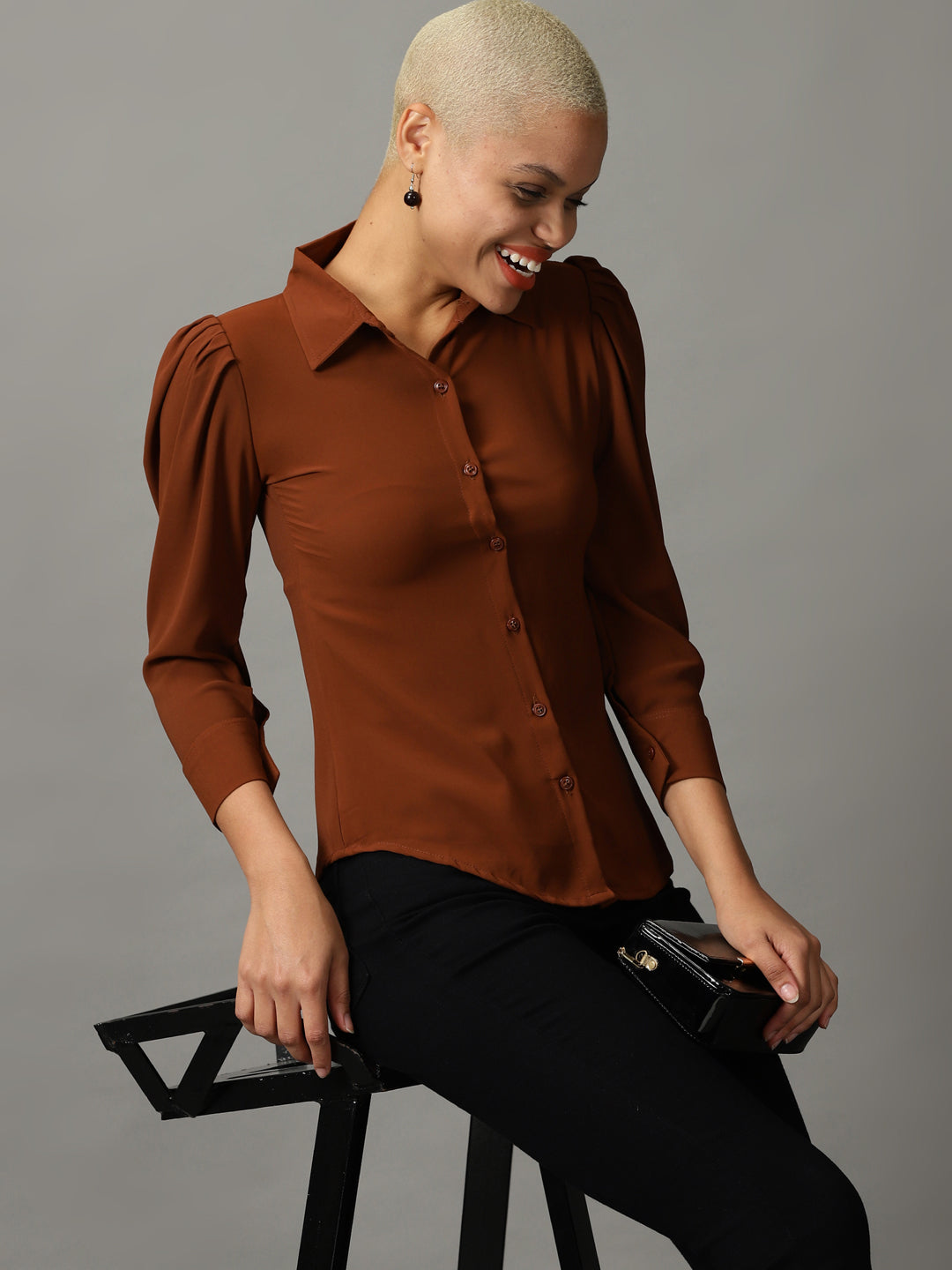 Women's Brown Spread Collar Casual Shirt