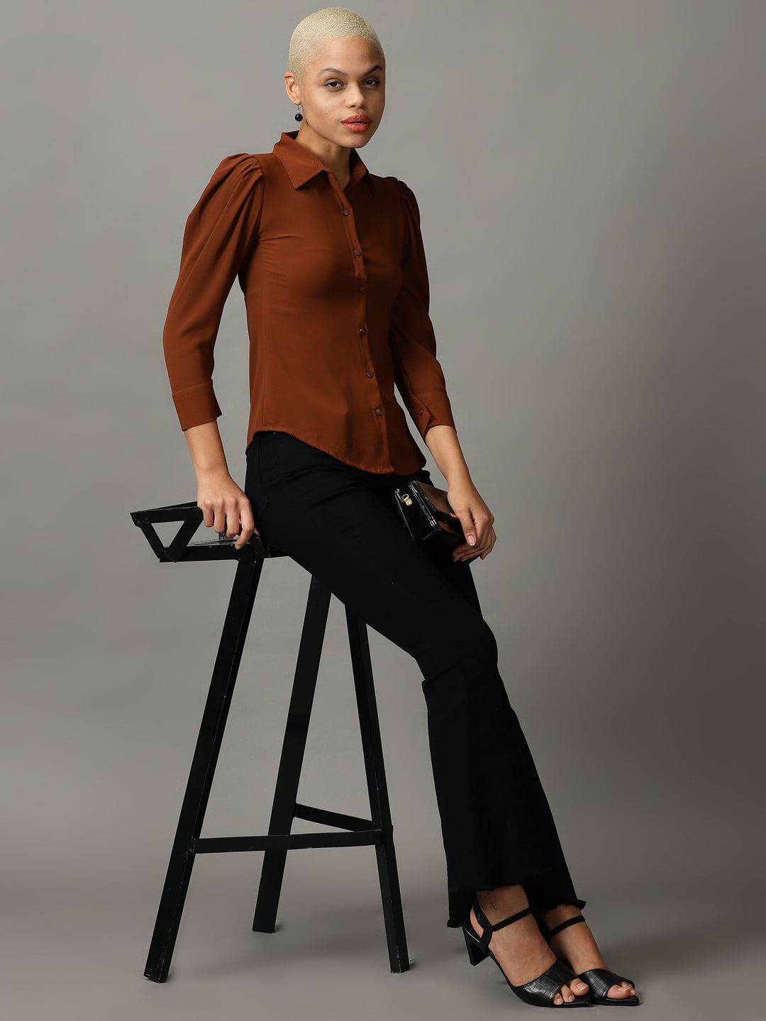 Women's Brown Spread Collar Casual Shirt