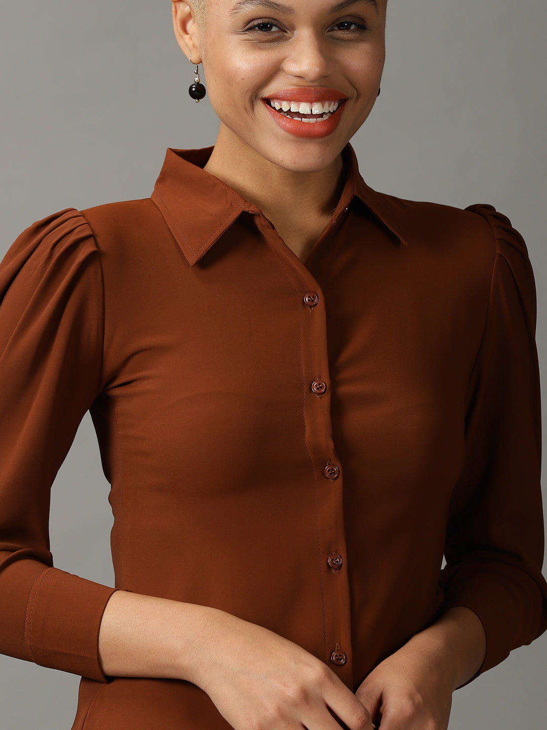 Women's Brown Spread Collar Casual Shirt
