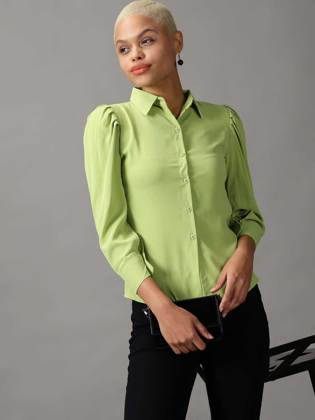 Women's Lime Green Spread Collar Casual Shirt