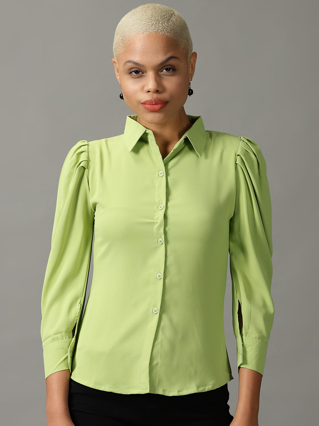 Women's Lime Green Spread Collar Casual Shirt
