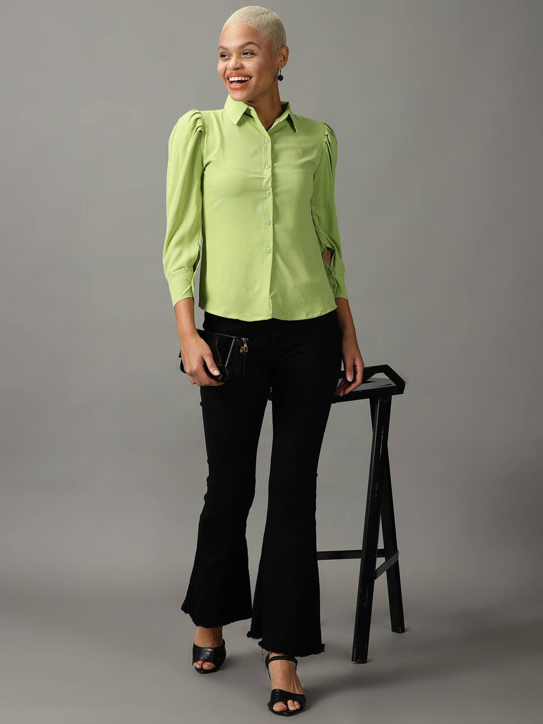 Women's Lime Green Spread Collar Casual Shirt