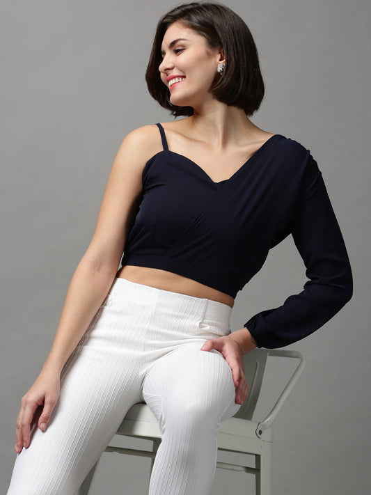 Women's Navy Blue One Shoulder Crepe Wrap Crop Top
