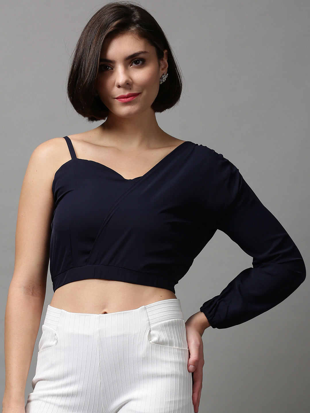 Women's Navy Blue One Shoulder Crepe Wrap Crop Top
