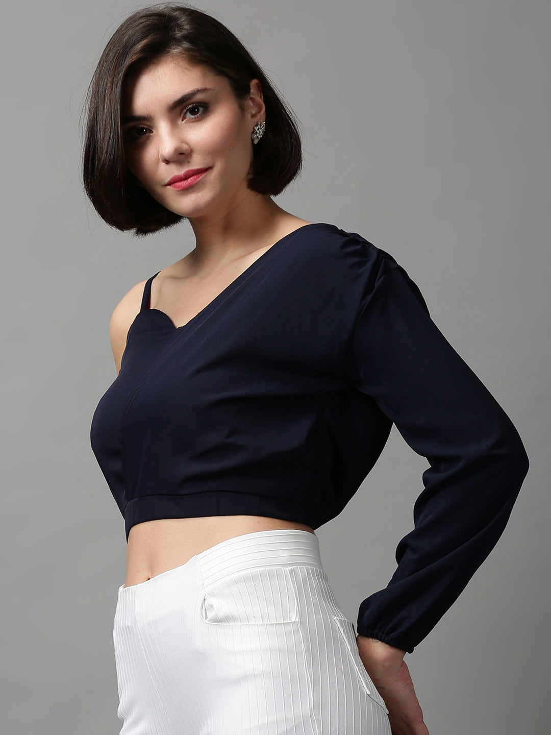 Women's Navy Blue One Shoulder Crepe Wrap Crop Top