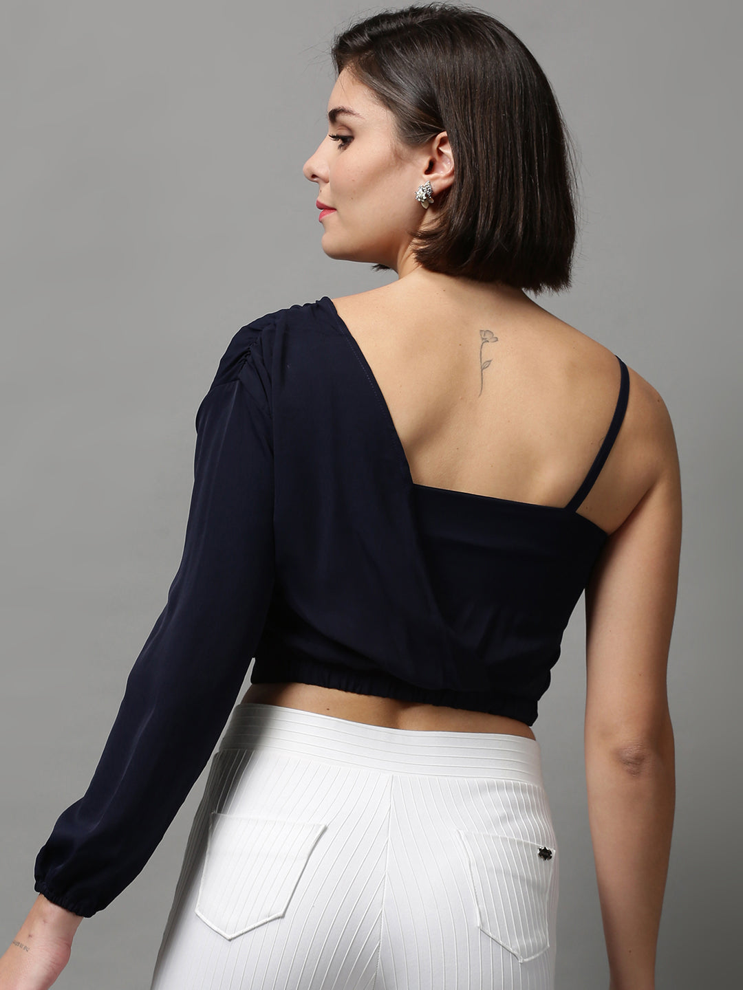 Women's Navy Blue One Shoulder Crepe Wrap Crop Top