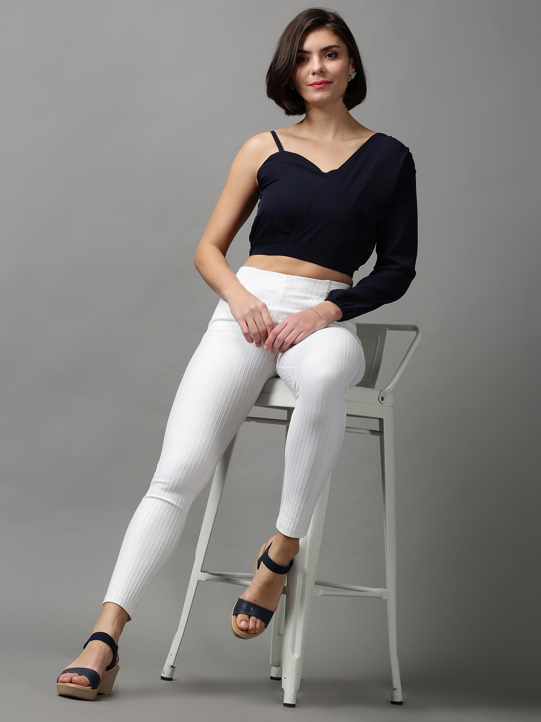 Women's Navy Blue One Shoulder Crepe Wrap Crop Top