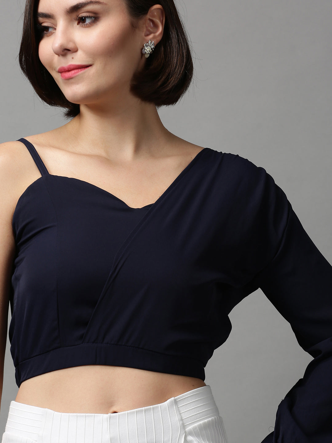 Women's Navy Blue One Shoulder Crepe Wrap Crop Top