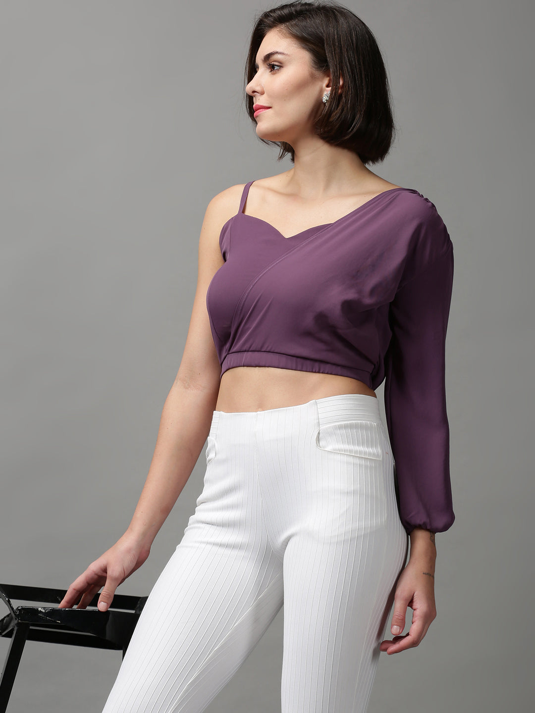 Women's Violet One Shoulder Crepe Wrap Crop Top