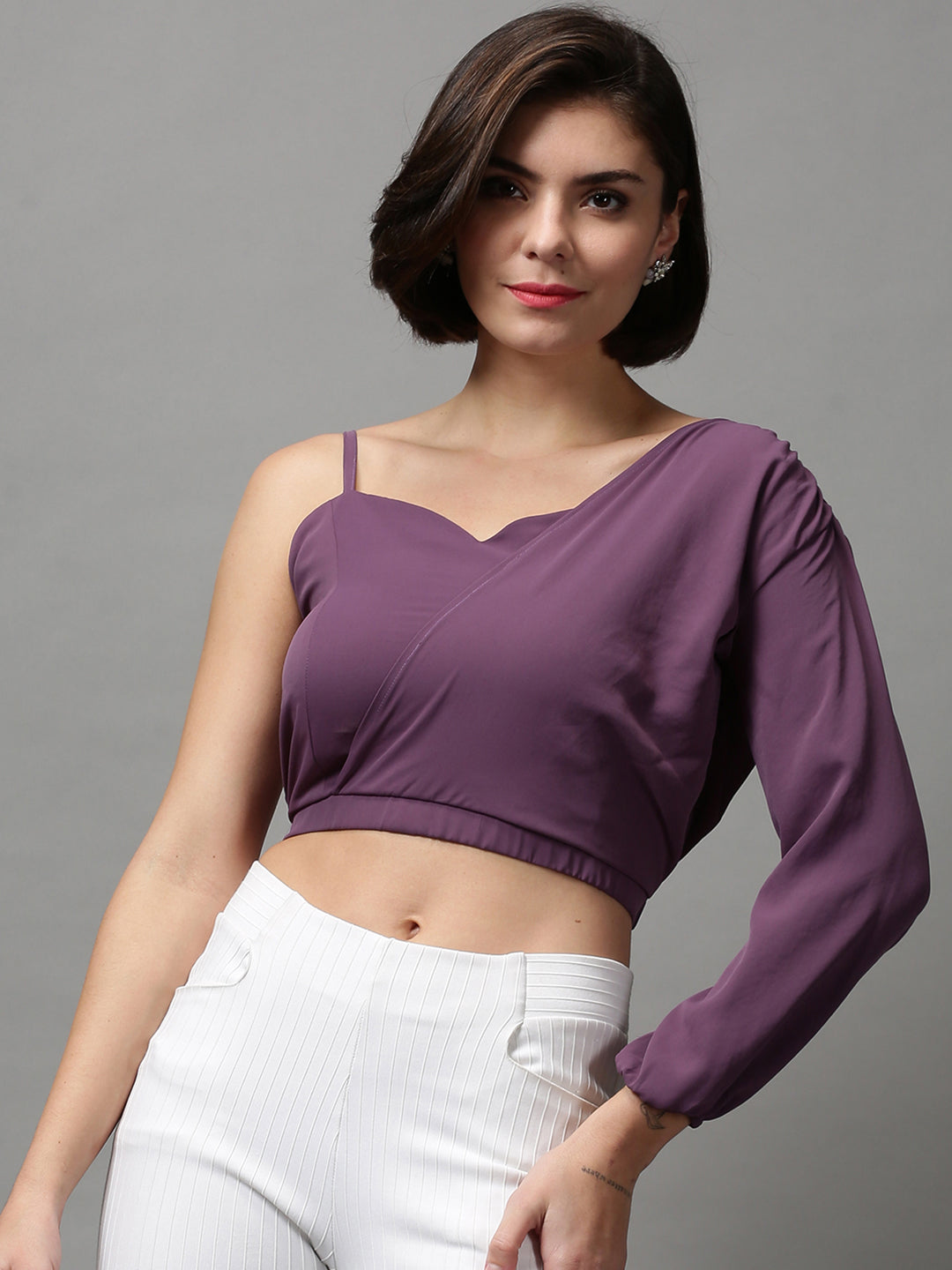 Women's Violet One Shoulder Crepe Wrap Crop Top