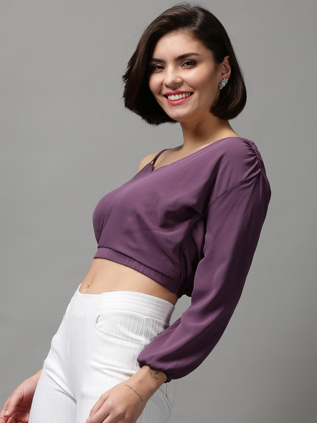 Women's Violet One Shoulder Crepe Wrap Crop Top