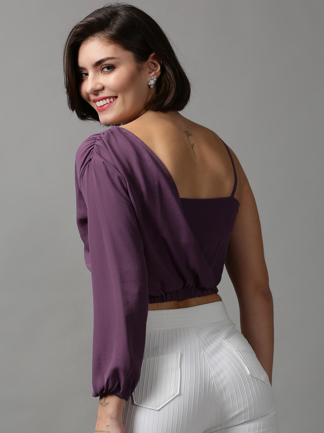 Women's Violet One Shoulder Crepe Wrap Crop Top