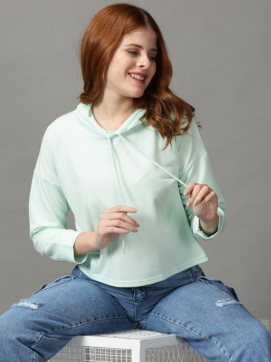 Women's Sea Green Long Sleeves Hooded Top