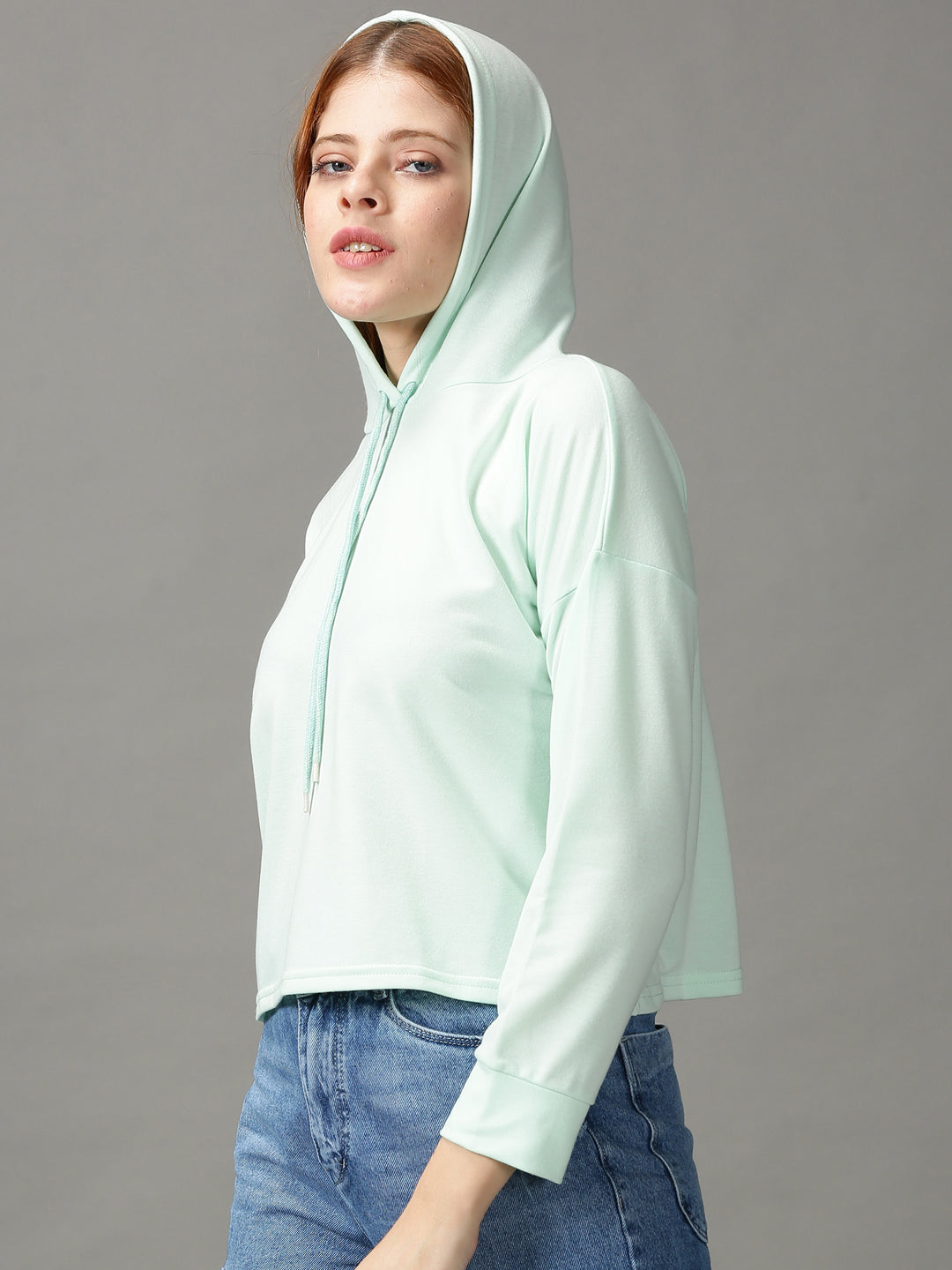 Women's Sea Green Long Sleeves Hooded Top