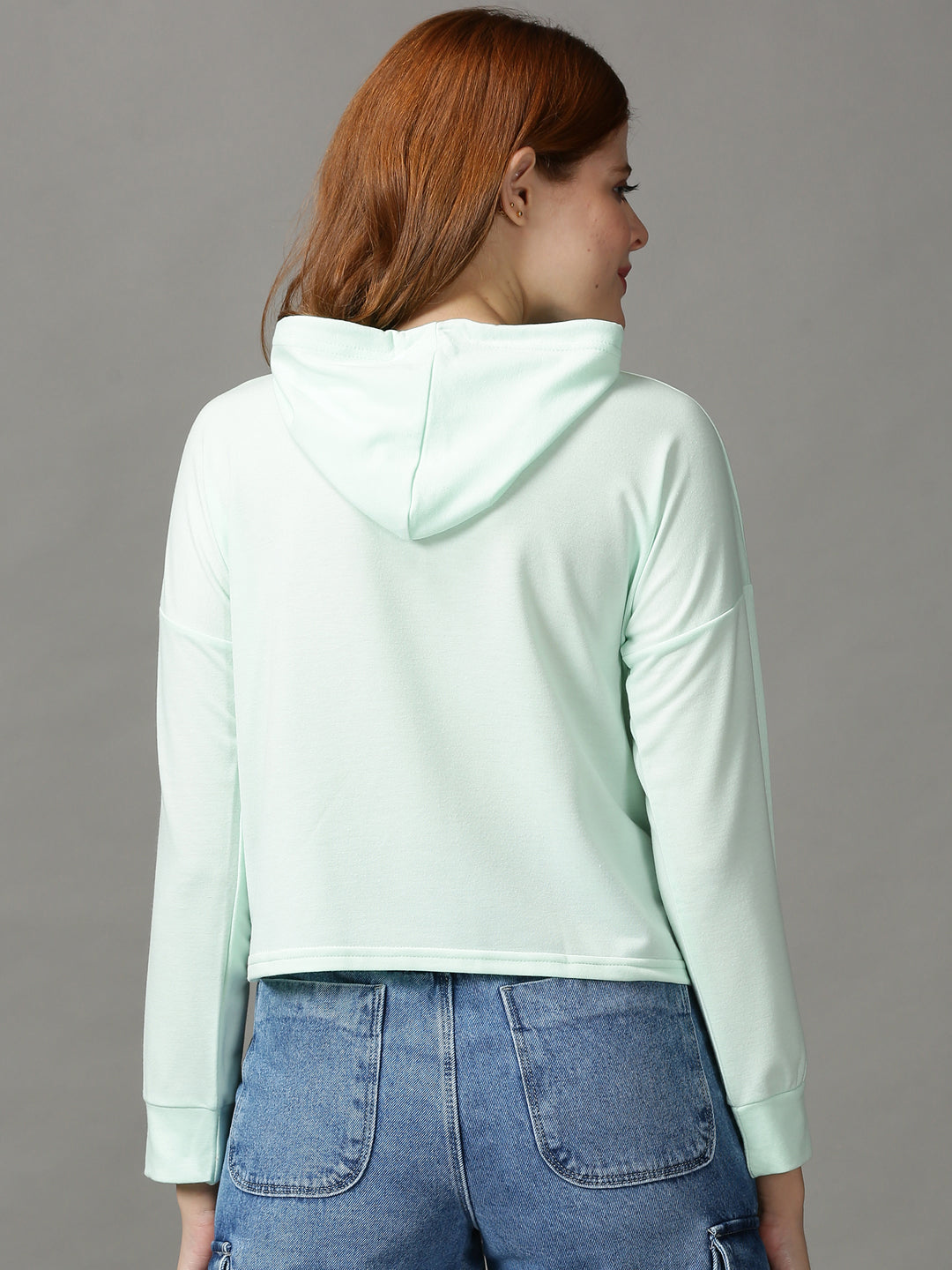 Women's Sea Green Long Sleeves Hooded Top