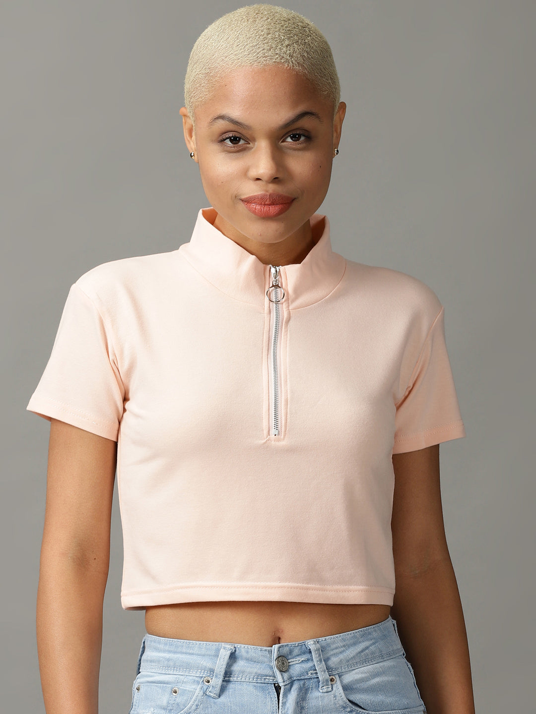 Women's Peach High Neck Short Sleeves Crop Top