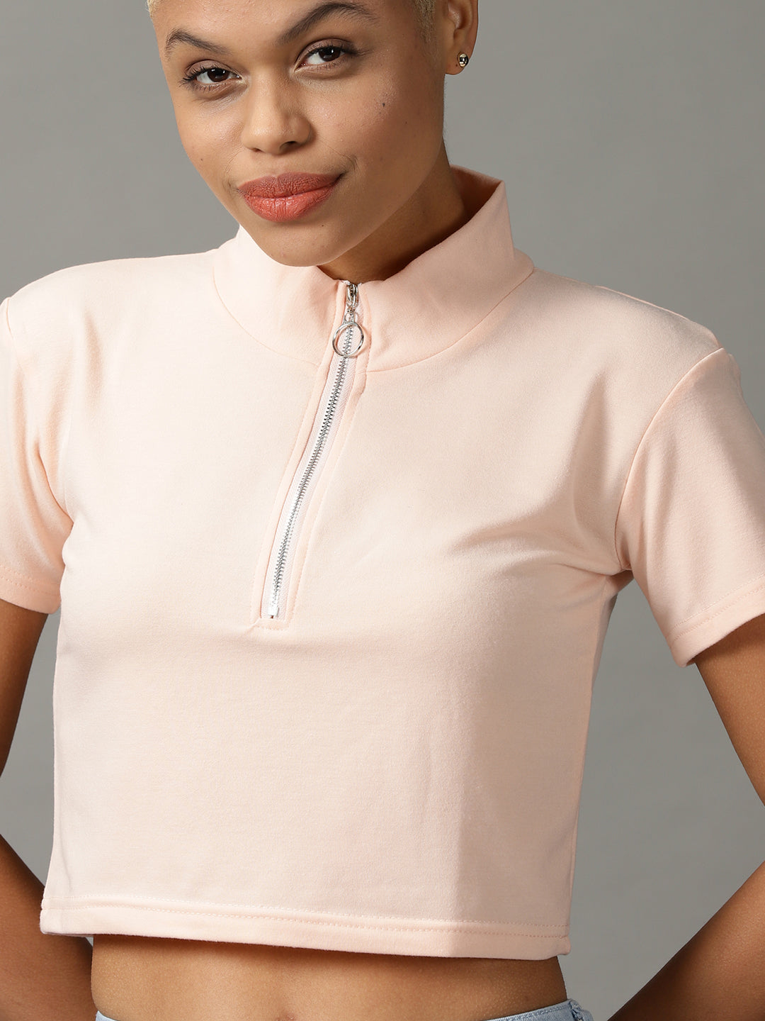 Women's Peach High Neck Short Sleeves Crop Top