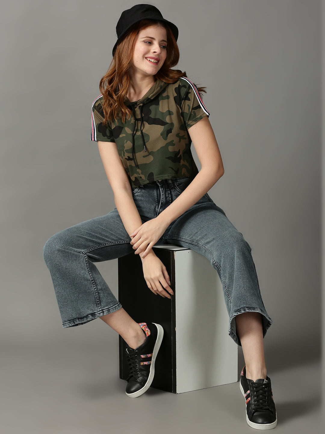 Women's Taupe Print Hooded Top