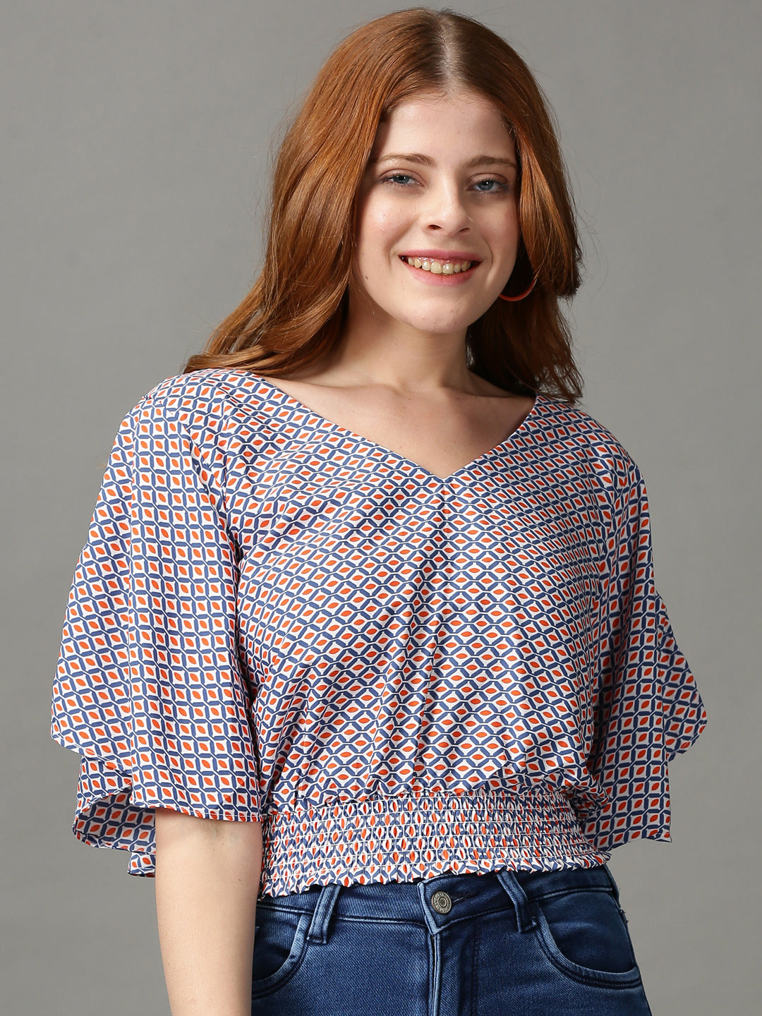 Women's Multi Geometric Printed V-Neck Top