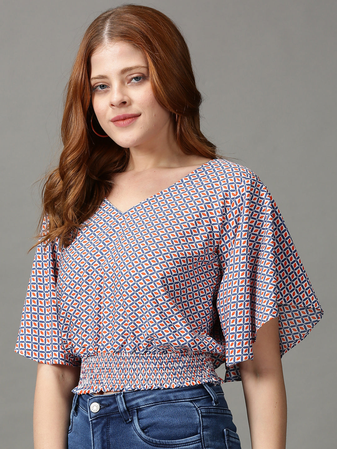 Women's Multi Geometric Printed V-Neck Top