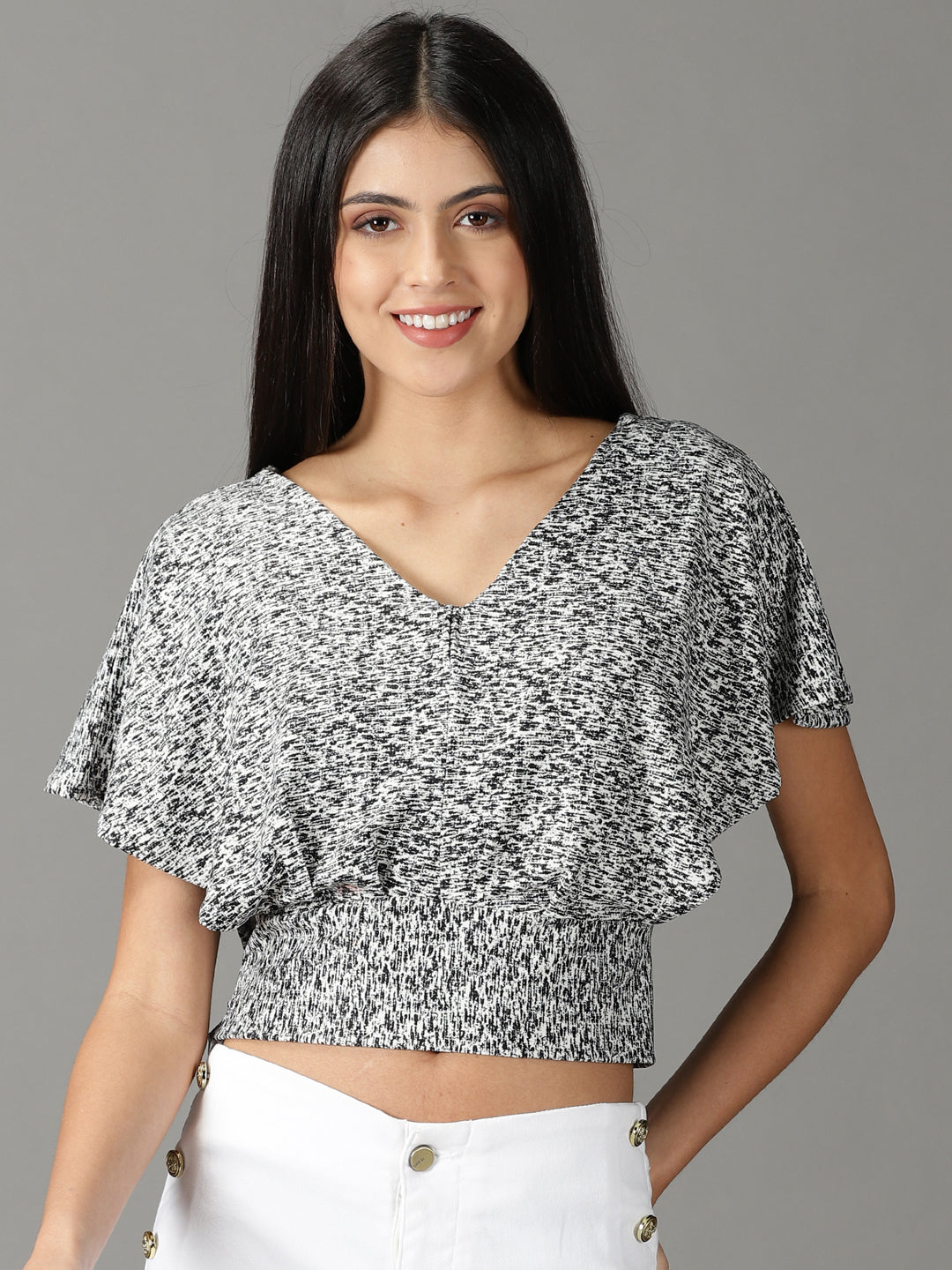 Women's Black Print Extended Sleeves Crop Top