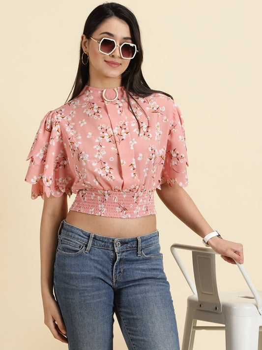 Women's Peach Floral Print Flared Sleeve Crepe Styled Back Crop Top