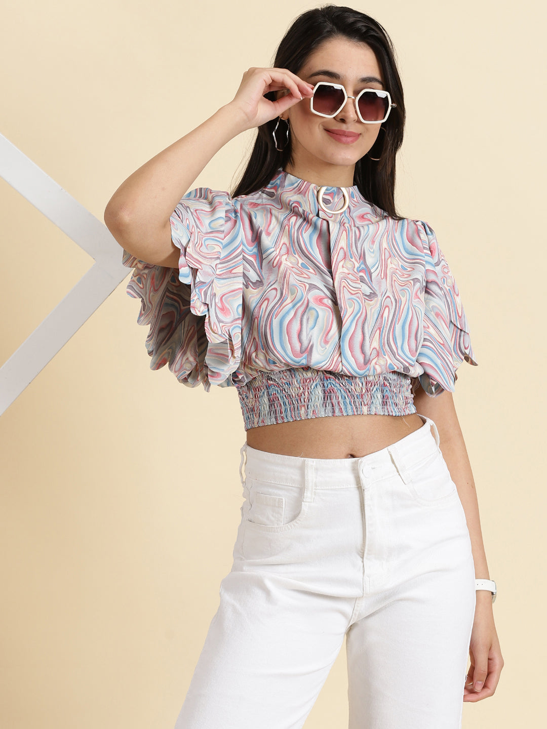 Women's Multi Printed High Neck Collar Flutter Sleeve Crepe Blouson Crop Top