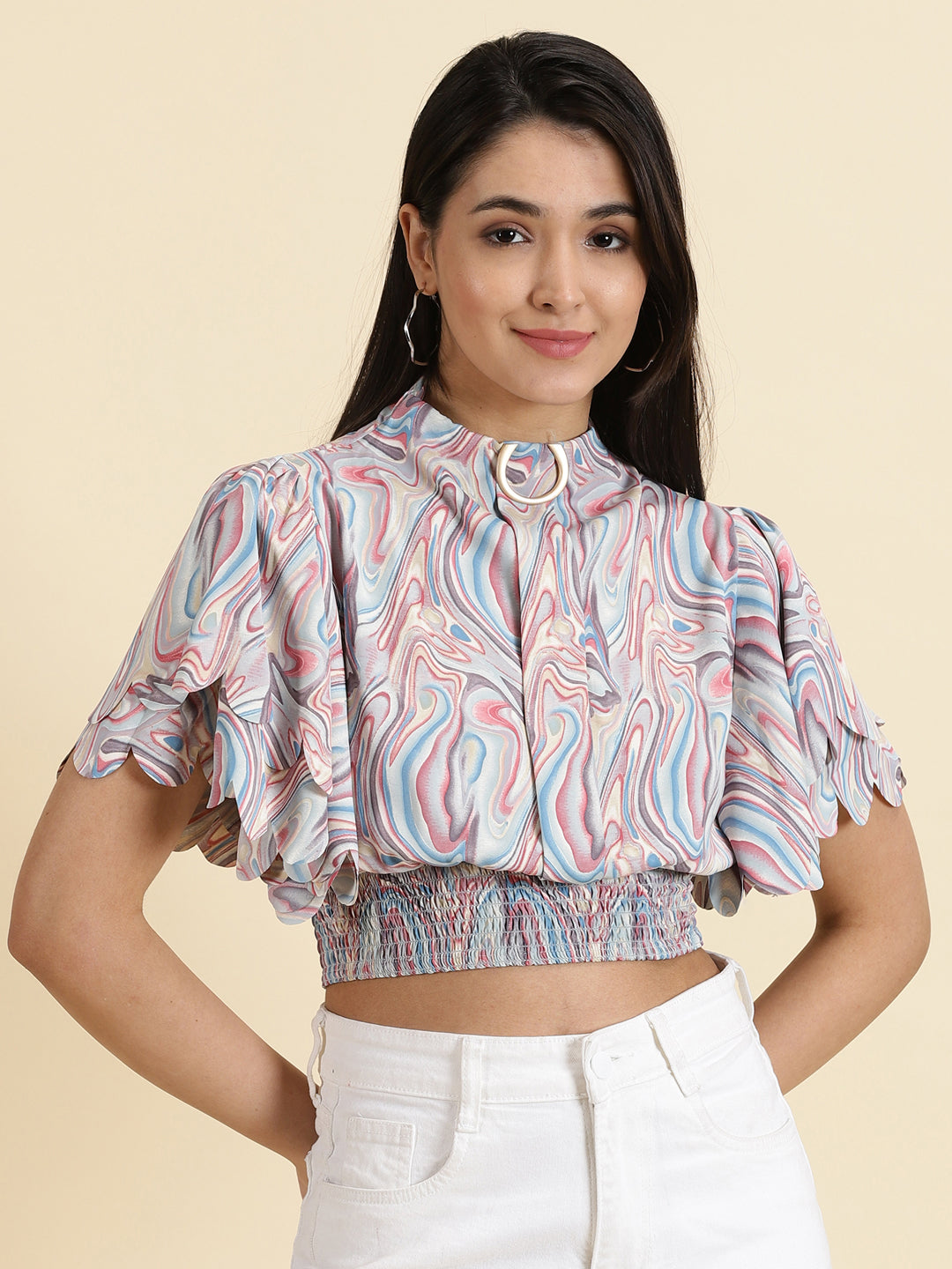 Women's Multi Printed High Neck Collar Flutter Sleeve Crepe Blouson Crop Top