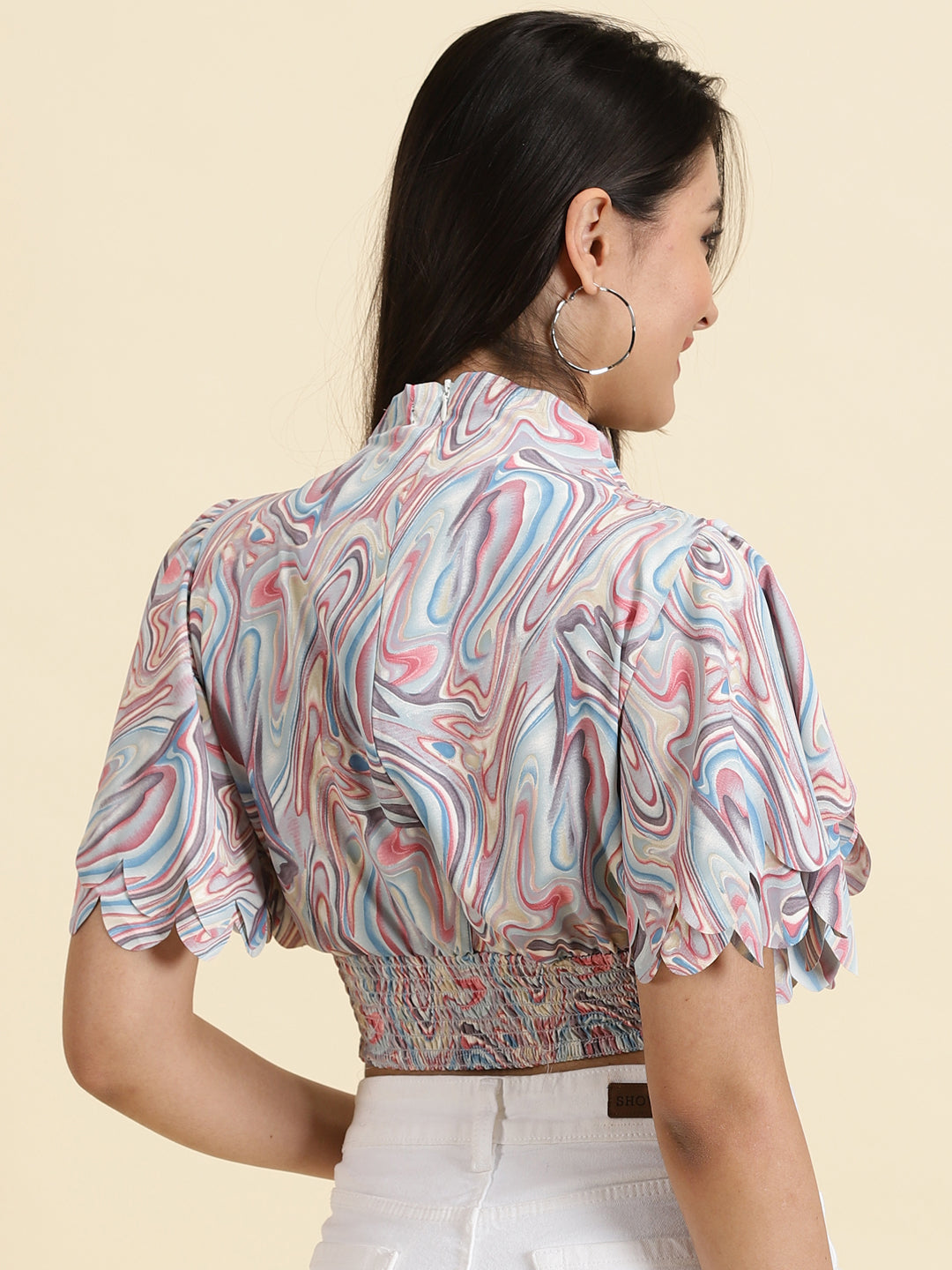 Women's Multi Printed High Neck Collar Flutter Sleeve Crepe Blouson Crop Top