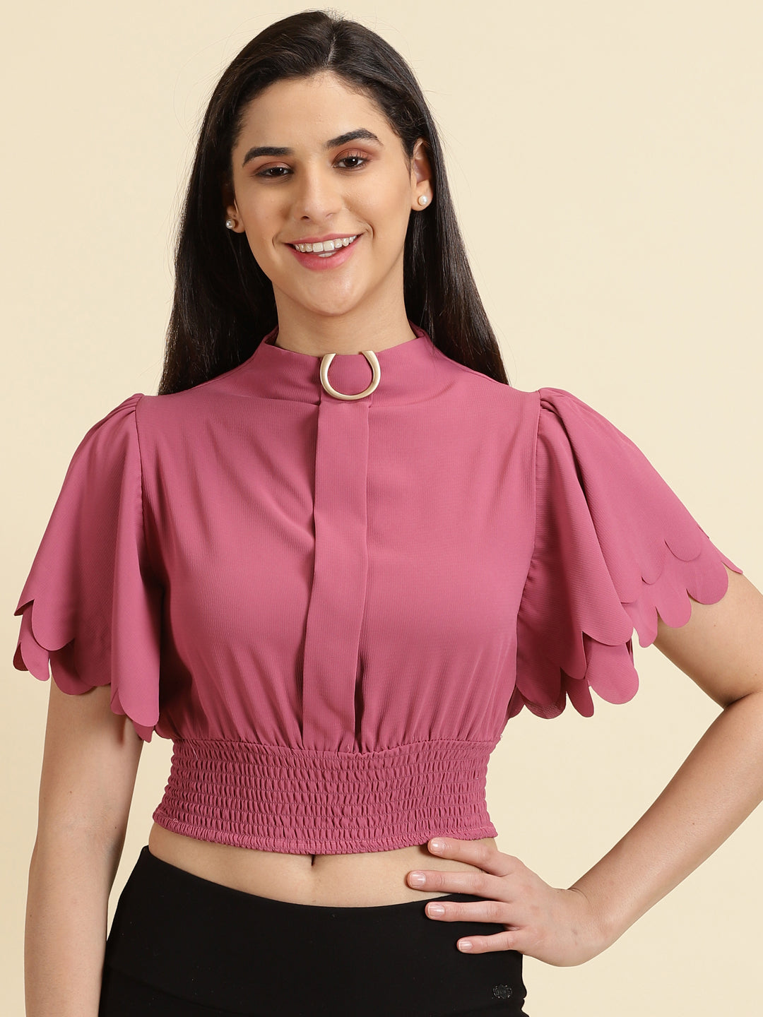 Women's Pink High Neck Flared Sleeve Crepe Cinched Waist Crop Top