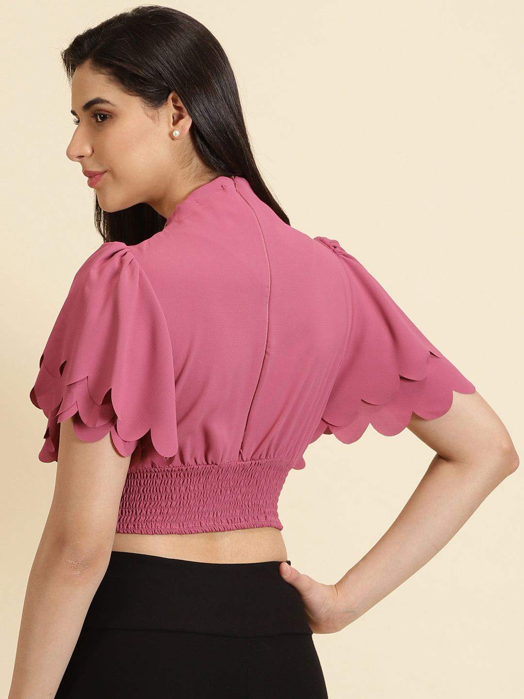 Women's Pink High Neck Flared Sleeve Crepe Cinched Waist Crop Top