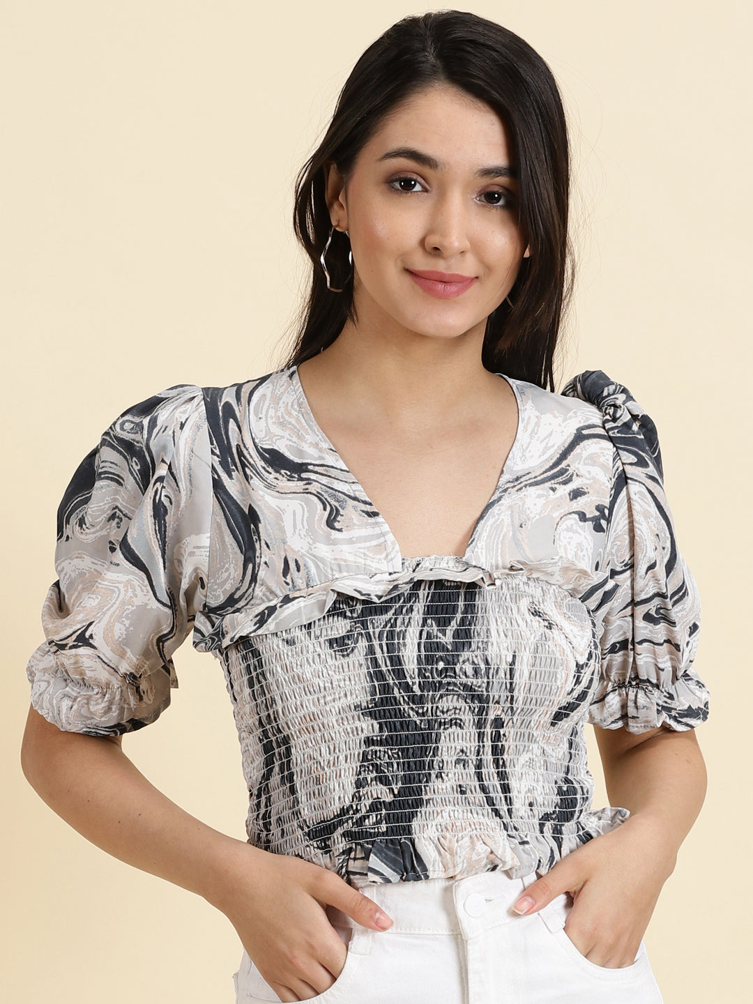 Women's Grey Abstract Printed Crepe Crop Cinched Waist Top