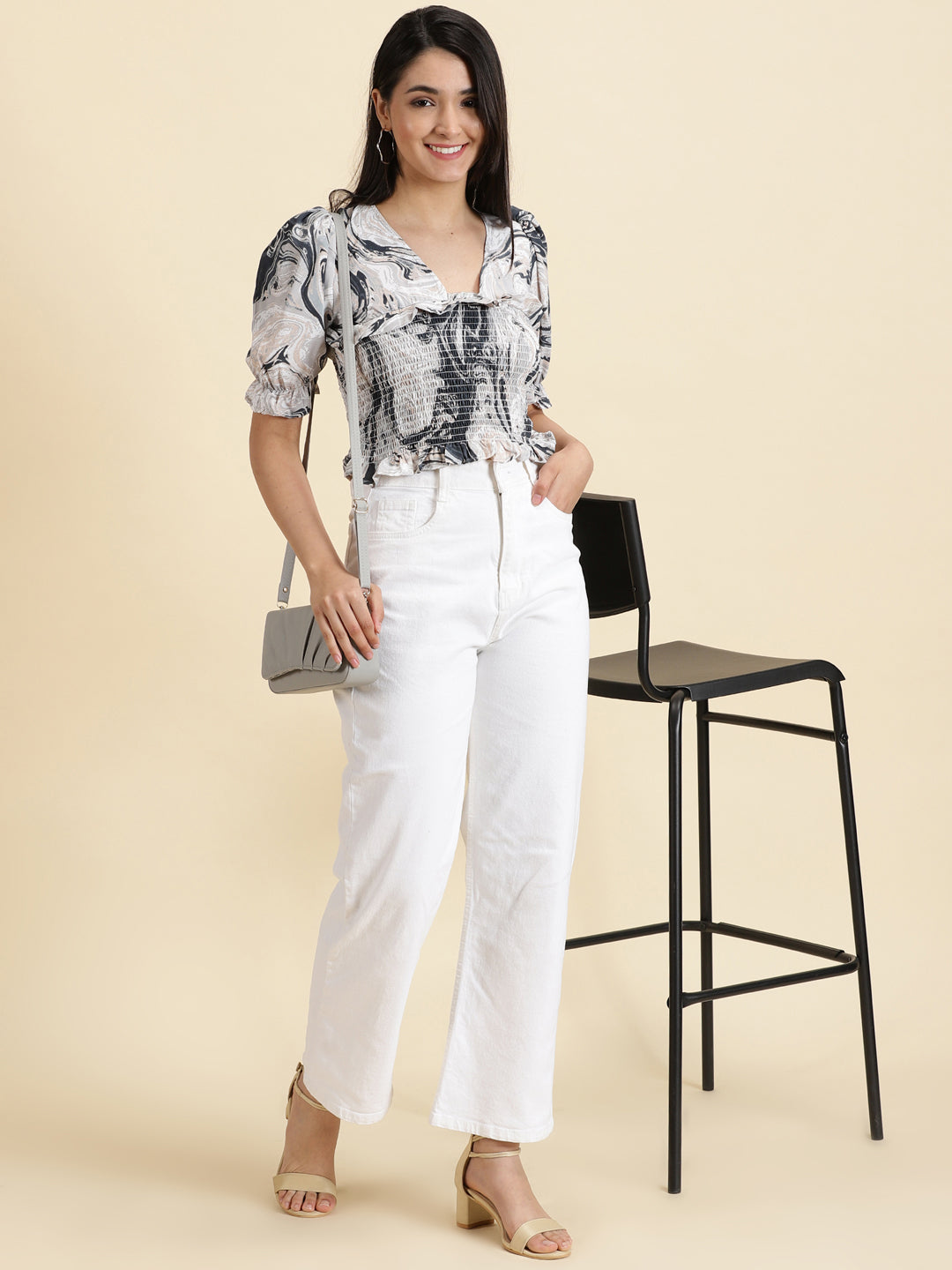 Women's Grey Abstract Printed Crepe Crop Cinched Waist Top