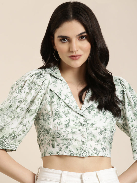 Women's Green Floral Printed Puff Sleeves Shirt Style Crop Top
