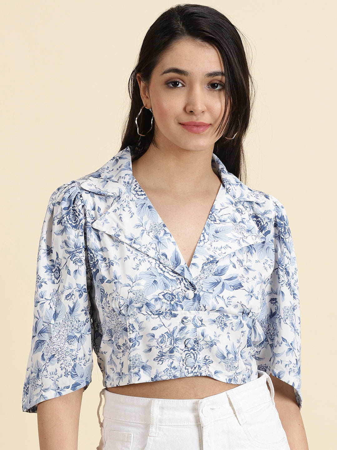 Women's White Floral Print Crepe Shirt Style Crop Top