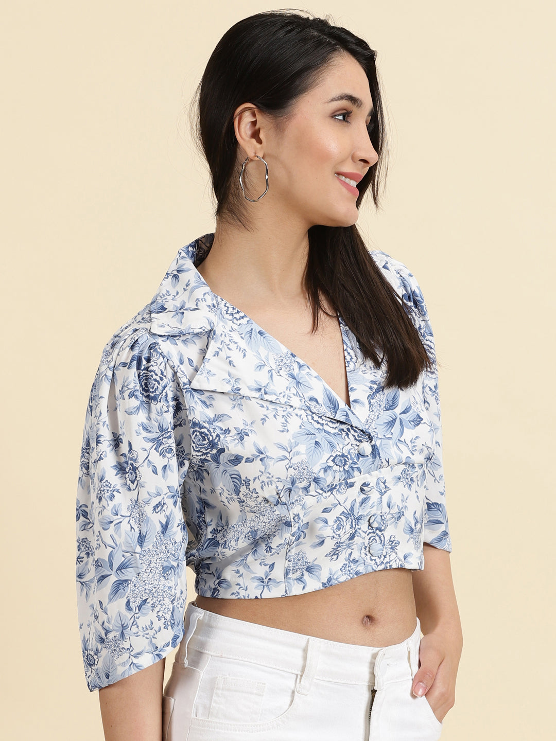 Women's White Floral Print Crepe Shirt Style Crop Top