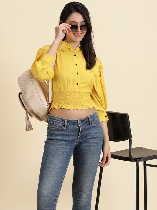 Women's Yellow Spread Collar Cuffed Sleeves Shirt Style Crop Top