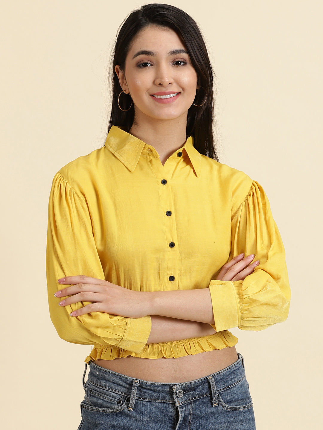 Women's Yellow Spread Collar Cuffed Sleeves Shirt Style Crop Top