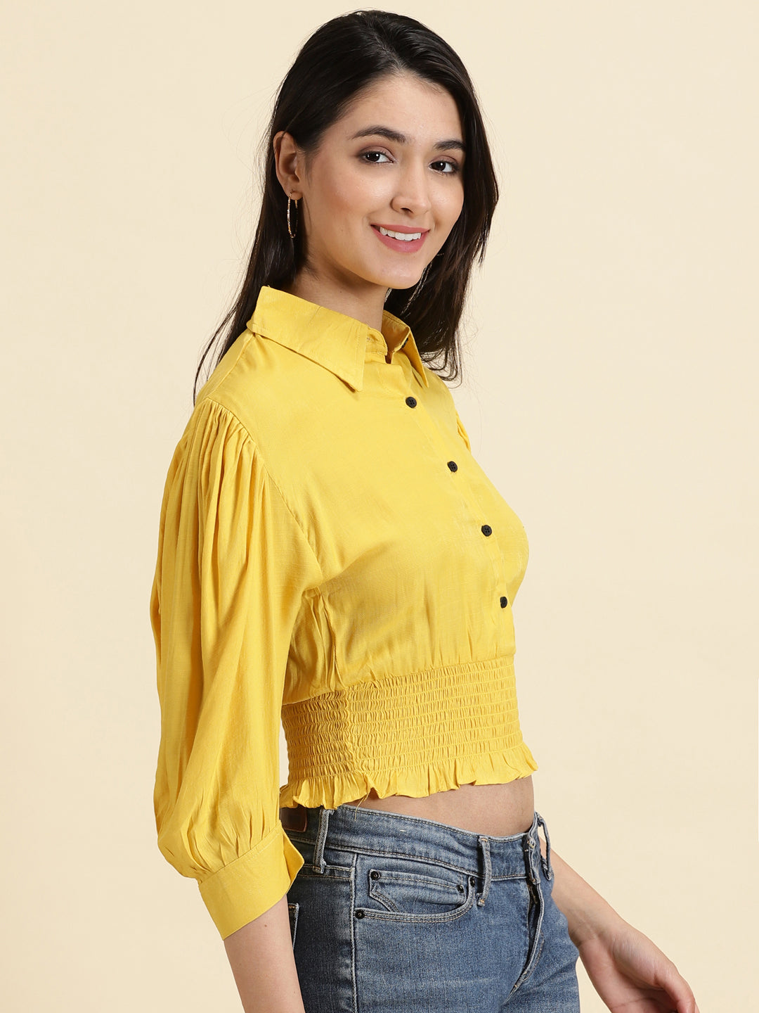 Women's Yellow Spread Collar Cuffed Sleeves Shirt Style Crop Top