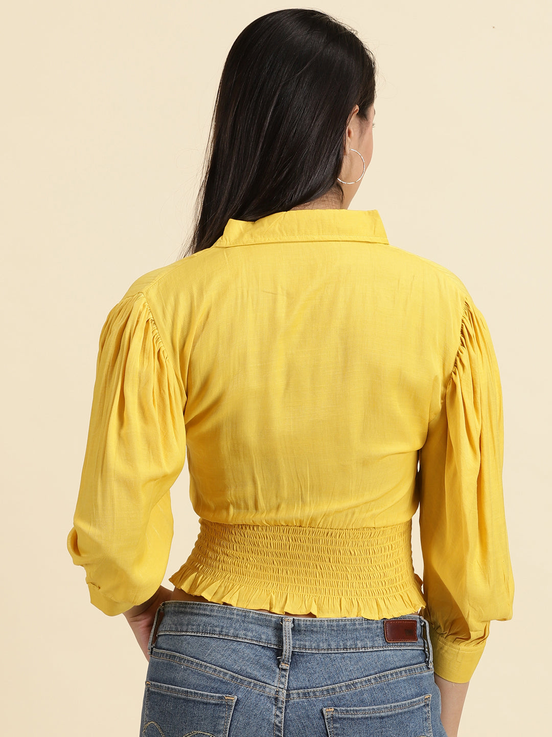 Women's Yellow Spread Collar Cuffed Sleeves Shirt Style Crop Top