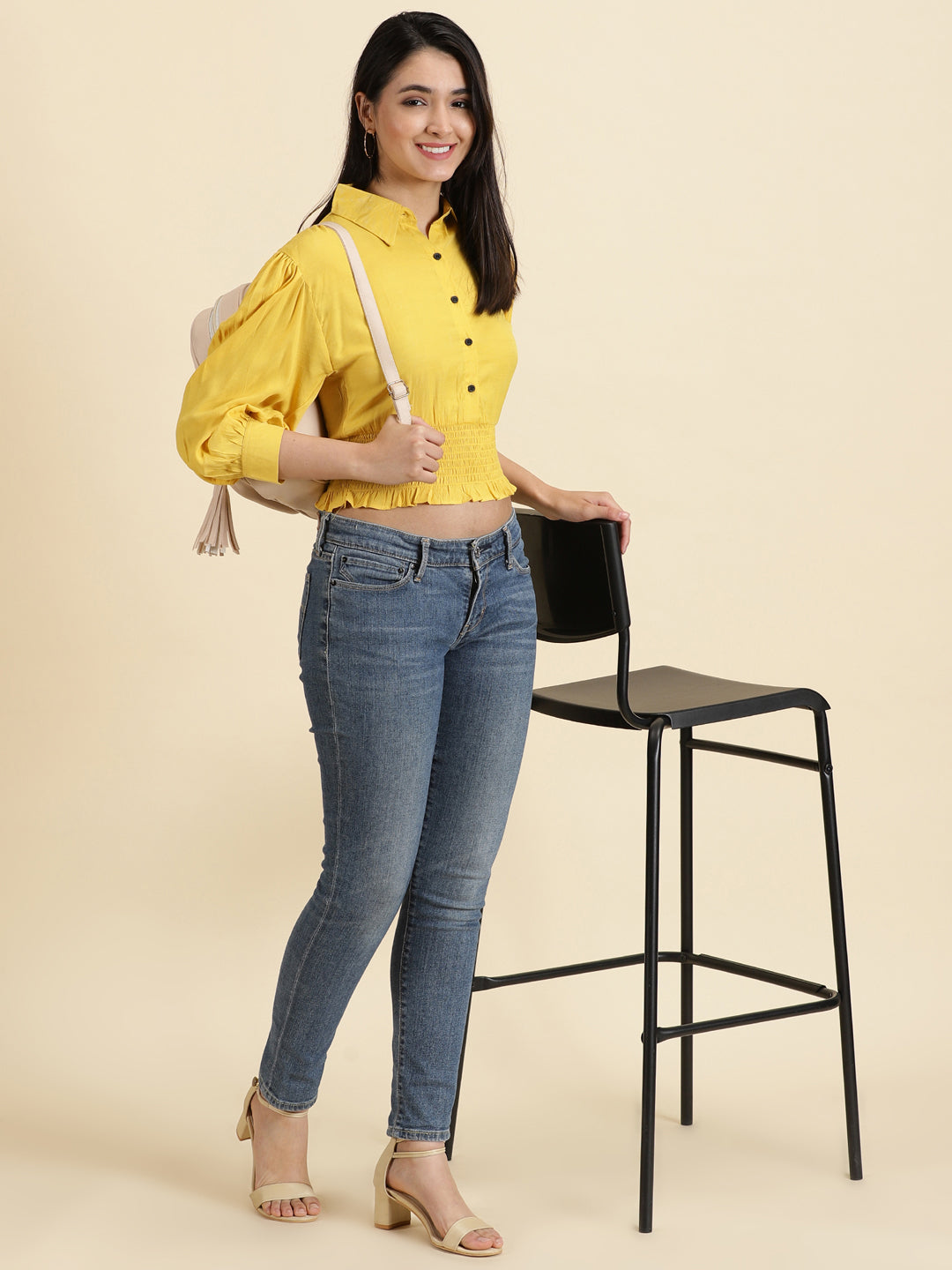 Women's Yellow Spread Collar Cuffed Sleeves Shirt Style Crop Top