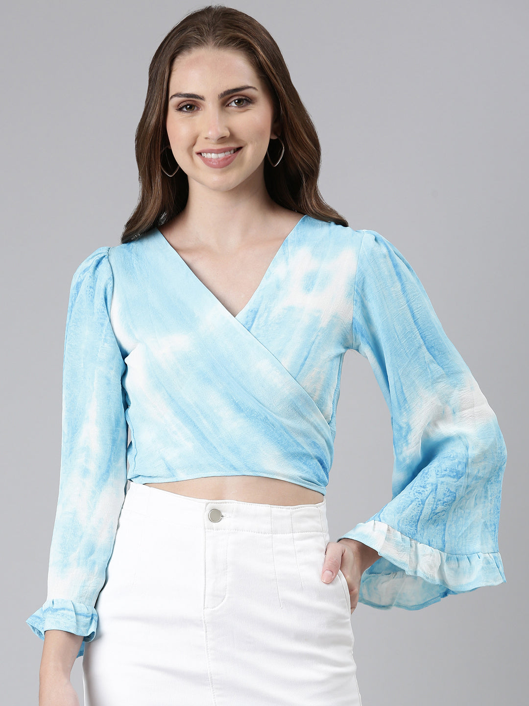 Women's Blue Tie & Dye Flared Sleeve Wrap Crop Top