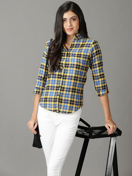 Women's Yellow Tartan Checks Casual Cotton Shirt